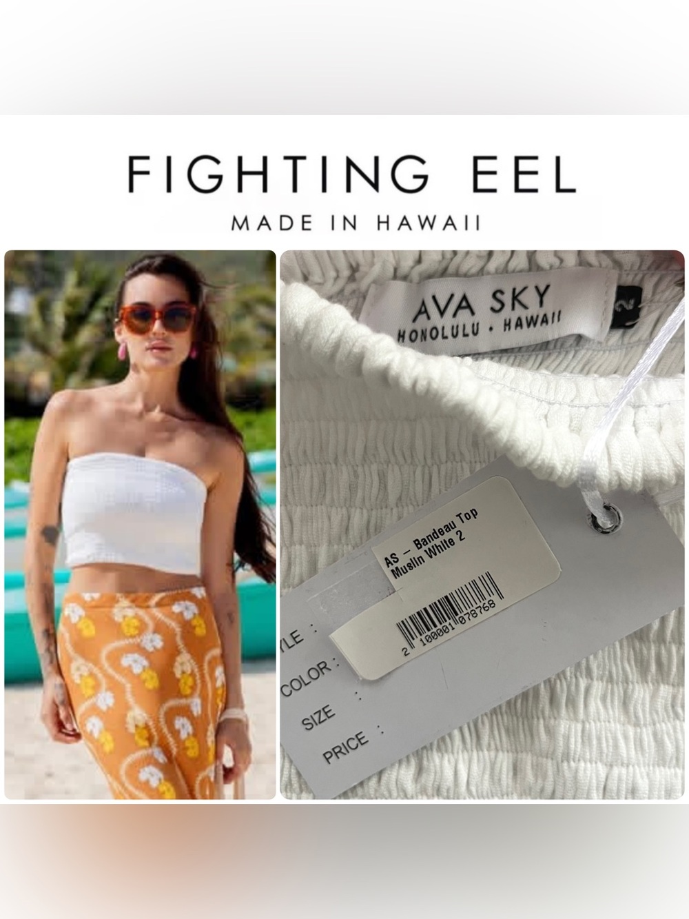 🆕 Fighting Eel ✨ Ava Sky Hawaii • White Muslin Bandeau Top • Size 2 • Large / XL